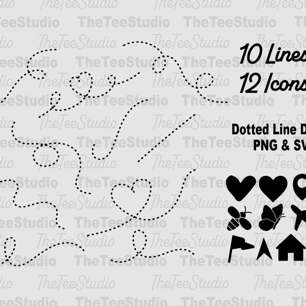 Dotted line svg, Set 10 design set + 12 pin & heart png, Dashed Line Doodles , printable clipart for cricut silhouette long distance vector