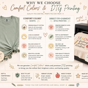 May include: An informational graphic titled Why We Choose Comfort Colors & DTG Printing. It features a sage green t-shirt, a printer with a beige shirt displaying the text Teacher fueling future leaders, and icons explaining garment-dyed cotton and direct-to-garment printing benefits.