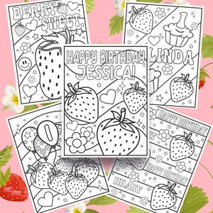Customizable Strawberry Themed Birthday Coloring Pages for Kids Personalized Berry Party Activity Set of 5 Heart Flowers Party Sheets Custom