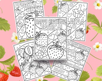 Customizable Strawberry Themed Birthday Coloring Pages for Kids Personalized Berry Party Activity Set of 5 Heart Flowers Party Sheets Custom