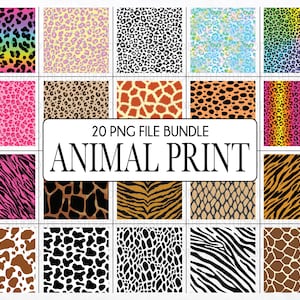 May include: A set of 20 PNG animal print files featuring diverse patterns such as leopard, zebra, and giraffe. The prints showcase a range of colours, including rainbow, pink, black, and brown. The text "20 PNG FILE BUNDLE ANIMAL PRINT" is displayed.