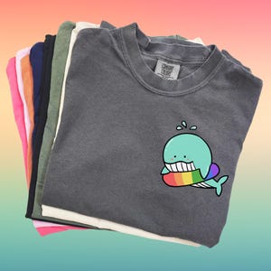 Può includere: Una pila di magliette di vari colori, tra cui rosa, arancione, verde, blu e grigio. La maglietta in cima è grigia e presenta una balena dei cartoni animati con una tavola da surf arcobaleno. La maglietta ha il testo "COMFORT COLORS" sull'etichetta.