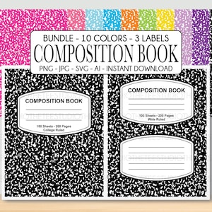 May include: Digital composition book bundle with 10 colors and 3 labels. The notebooks have a classic black and white speckled cover design. The text on the cover reads "COMPOSITION BOOK" and includes details about the paper type and page count.