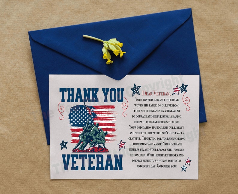 May include: A thank you card for veterans with a red, white, and blue American flag and a depiction of soldiers raising the flag on Iwo Jima. The card reads "Thank You Veteran" and includes a message of gratitude for their service and sacrifice.