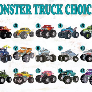 Monster truck choice chart, choose from 15 different monster trucks for your custom shirt design.