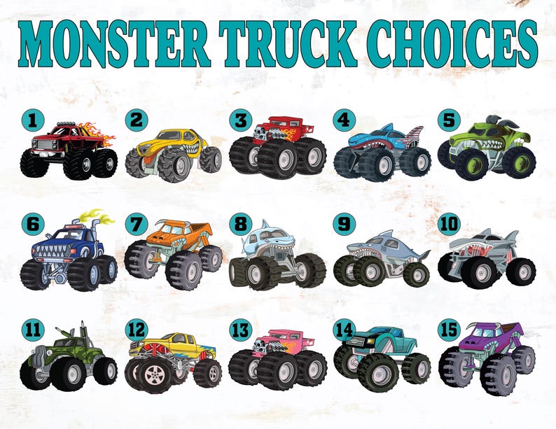 Monster truck choice chart, choose from 15 different monster trucks for your custom shirt design.