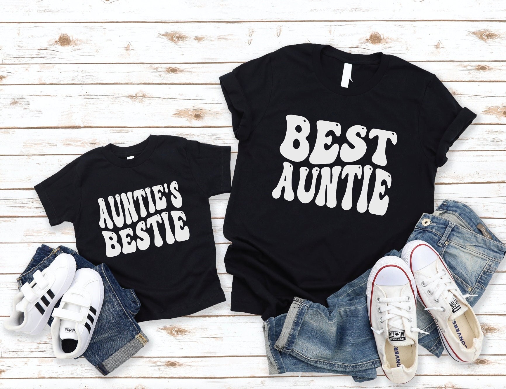 Best Auntie and Auntie s Bestie Custom Matching Shirt Set Wavy Cute Design Aunt Era Uncle Nephew Niece Newborn Toddler Baby Birth Shower Mom Etsy