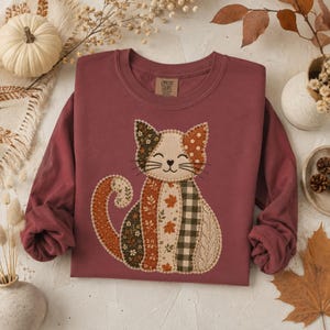 womens shirt, cat shirt, fall shirt, long sleeve shirt, graphic tee, autumn tee, comfort colors, patchwork cat, cozy shirt, cat lover gift, seasonal shirt, womens fall shirt, cute cat shirt