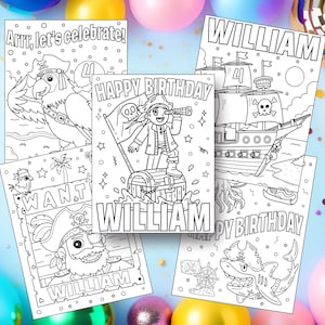 Coloriage fête d'anniversaire bateau pirate personnalisé - Imprimable, nom et âge à personnaliser, activité de fête amusante, décorations et articles de cadeau