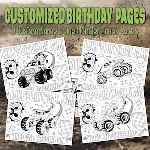 Custom Monster Truck Birthday Coloring Pages: Activity Placemat (Digital Download)