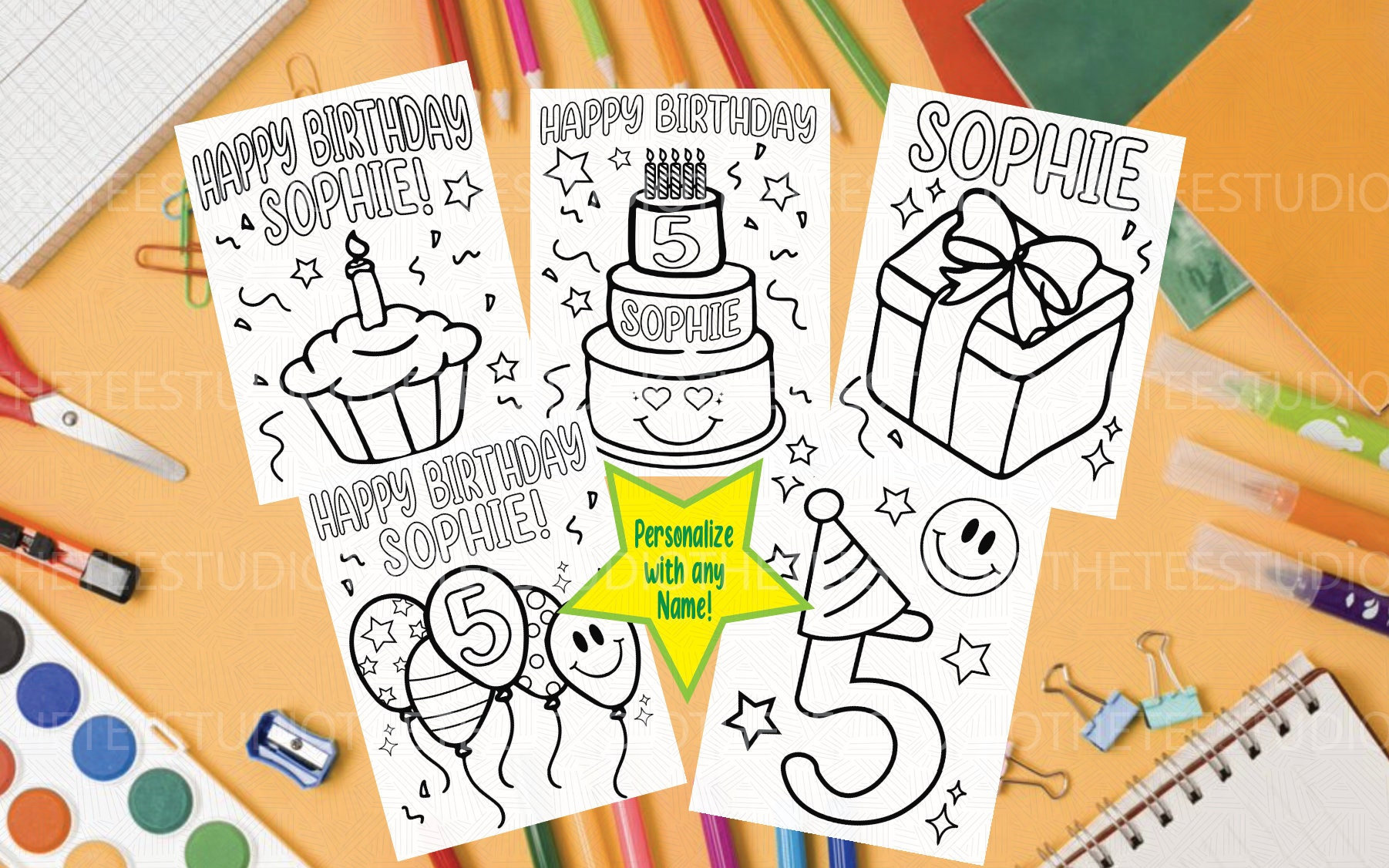 Customizable Birthday Coloring Pages for Kids Personalized Kids Birthday Party Activity, Set of 5 Birthday Party Coloring Sheets Cute Custom