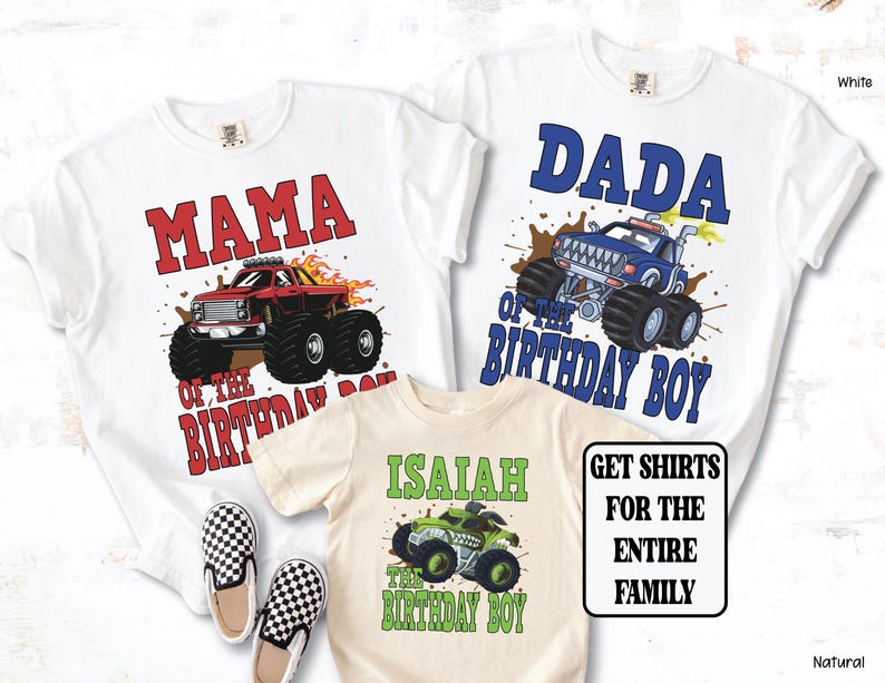 Mama Dada Monster truck shirts red truck blue truck and green truck for birthday boy shirt on natural color shirt, personalized for the whole family
