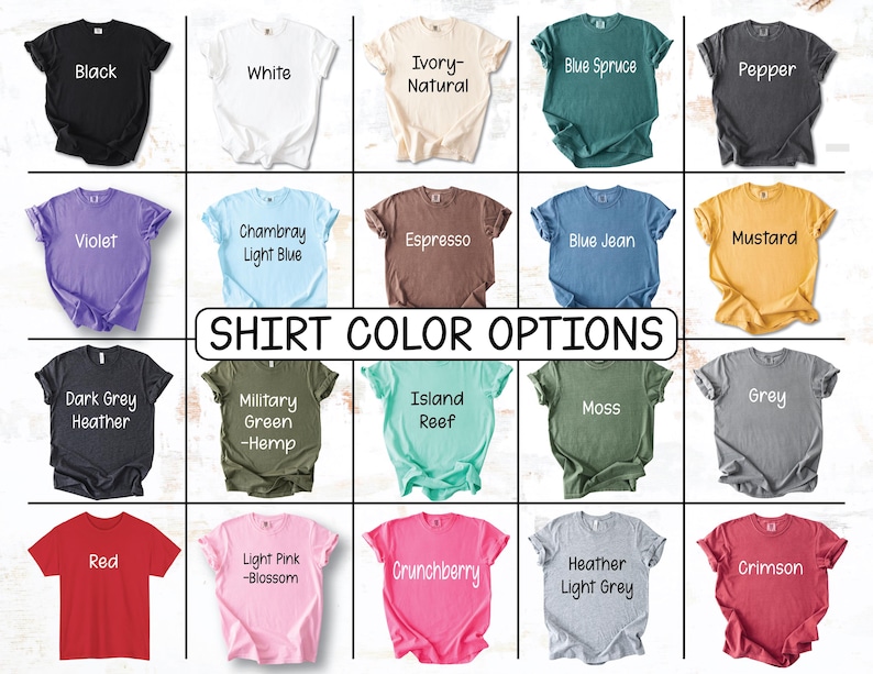 shirt color options, choose from 20 different colors.