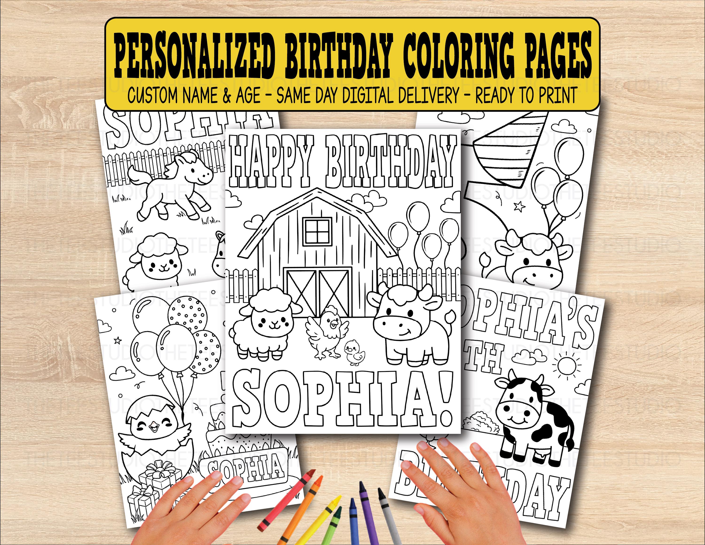 Farm Animal Birthday Coloring Pages Personalized Kids Name Age Barn ...