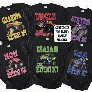 matching family monster truck shirts, group shirt set, grandpa yellow truck, uncle red truck, sister truck, mom pink truck, dad blue truck, all on black shirts. custom name shirts birthday boy shirt green truck