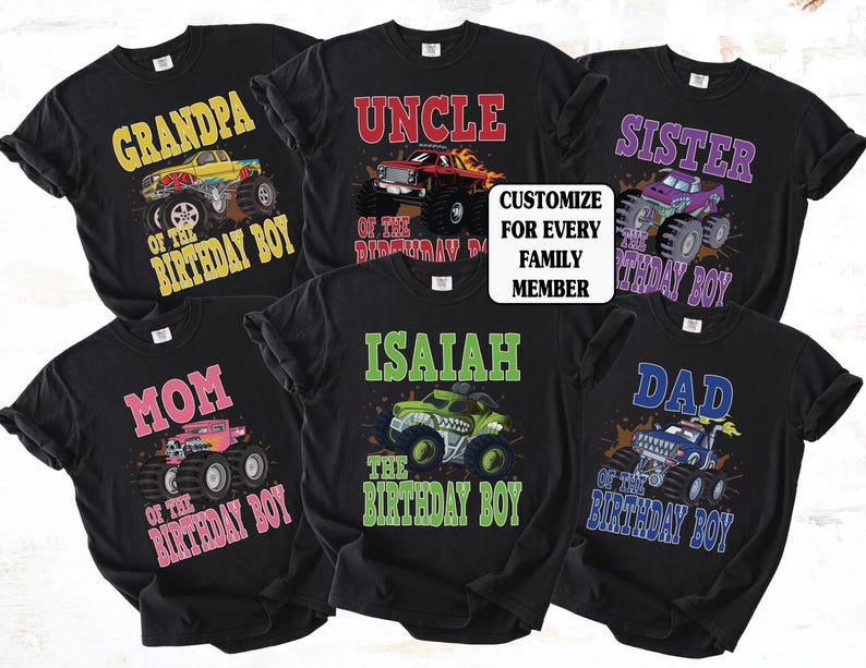 matching family monster truck shirts, group shirt set, grandpa yellow truck, uncle red truck, sister truck, mom pink truck, dad blue truck, all on black shirts. custom name shirts birthday boy shirt green truck