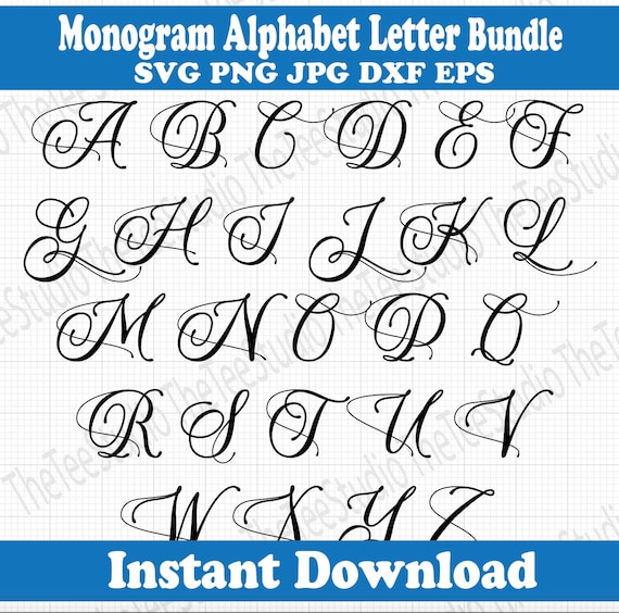 26 lettres entières Calligraphie Monogramme Alphabet Design Files pour la  découpe SVG DXF PNG Tags svg Lettres Étiquettes svg vector glow forge Craft  -  France