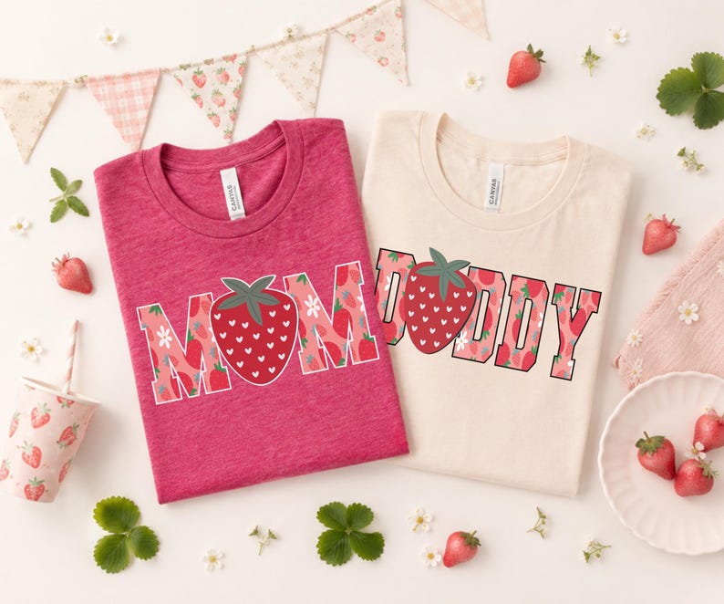 Celebrate family style with this sweet strawberry matching shirt set featuring bold DAD and MOM designs filled with playful strawberry patterns. This fruity family look is perfect for strawberry birthday parties, summer photos, parent matching outfits, family vacations, and coordinated celebration days. The mix of rich berry tones, floral strawberry details, and playful block lettering gives the shirts a cheerful, fun, and seasonal feel that works beautifully for moms and dads who love matching.
