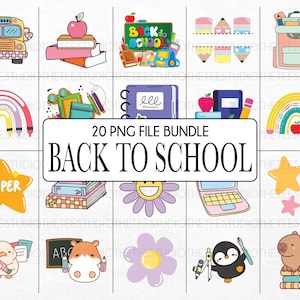 Pacote com 20 cliparts gráficos de volta às aulas - Baixe arquivos PNG instantaneamente, planilhas de artesanato para sala de aula, imagem de decoração de porta para professores e diretoria escolar