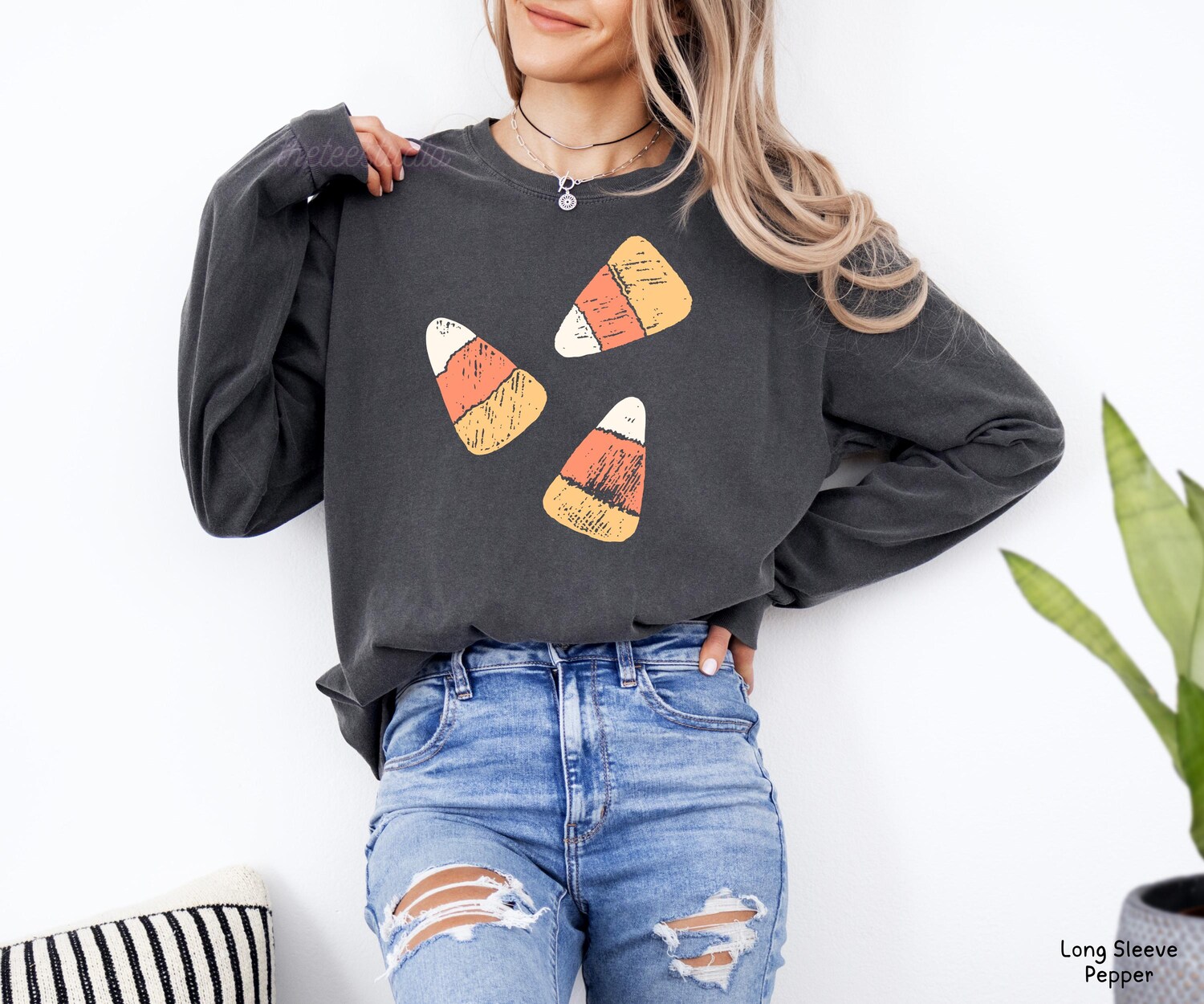 Comfort Colors Halloween Candy Corn Long Sleeve Shirt, Retro Chalk Art