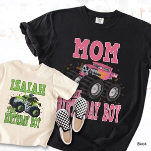 Custom mom and birthday boy monster truck shirts pink and green truck on black and natural color shirts.