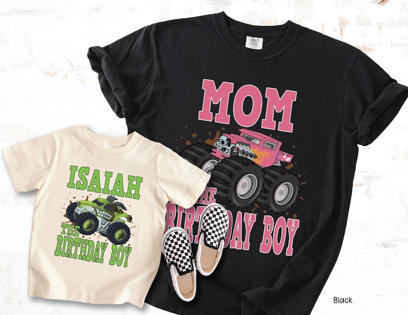 Custom mom and birthday boy monster truck shirts pink and green truck on black and natural color shirts.