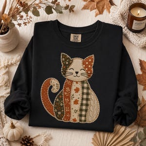 womens shirt, cat shirt, fall shirt, long sleeve shirt, graphic tee, autumn tee, comfort colors, patchwork cat, cozy shirt, cat lover gift, seasonal shirt, womens fall shirt, cute cat shirt