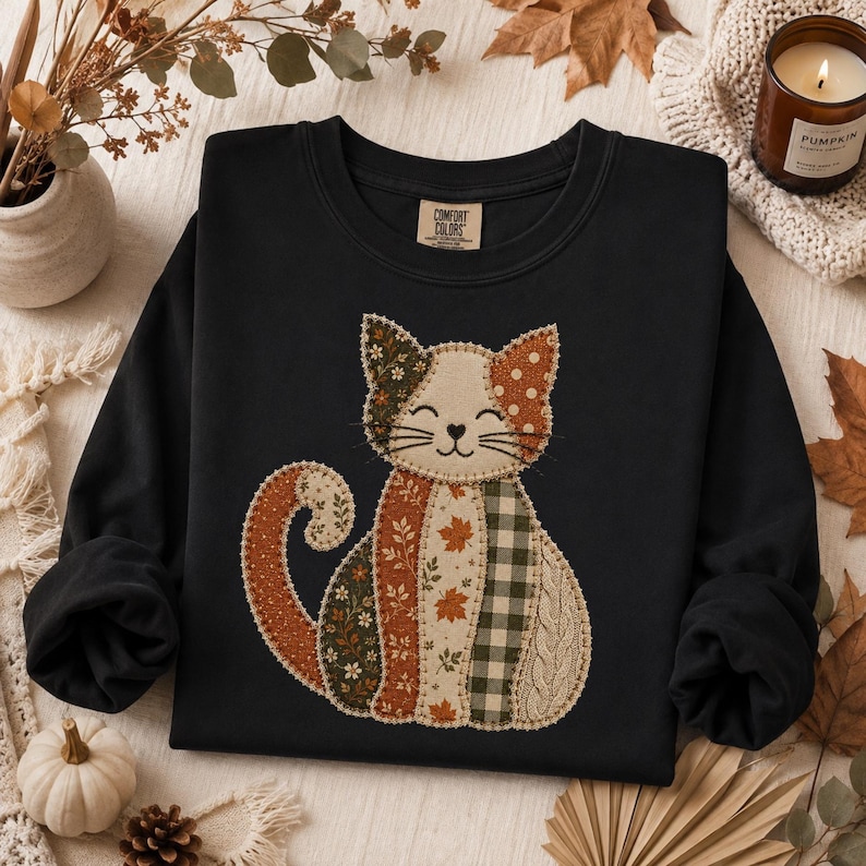 womens shirt, cat shirt, fall shirt, long sleeve shirt, graphic tee, autumn tee, comfort colors, patchwork cat, cozy shirt, cat lover gift, seasonal shirt, womens fall shirt, cute cat shirt
