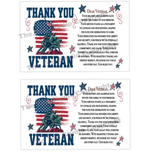 May include: A thank you card for veterans with a red, white, and blue American flag and a group of soldiers in front of it. The text reads "Thank You Veteran" and includes a message of gratitude for their service and sacrifice.