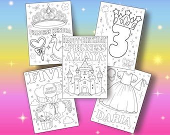 Princess Themed Birthday Coloring Pages for Kids Personalized Girls Party Activity Set of 5 Pony Dress Castle Crown Wand Customizable Age