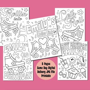 May include: Five black and white printable coloring pages featuring a roller skate theme. The pages include the text "Rollin' into", "Emily's Roller Rink", "Let's Roll", "Emily's 3rd Birthday", and "Happy Birthday Emily!"
