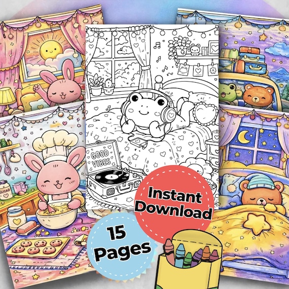 Cozy Kawaii Animal Coloring Book | 15 Pages (Digital Download) - Frog Rabbit Bear
