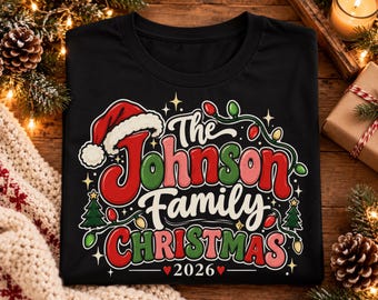 Family Christmas Shirts, Matching Holiday Tees, Xmas Retro Vintage, Personalized Custom Last Name