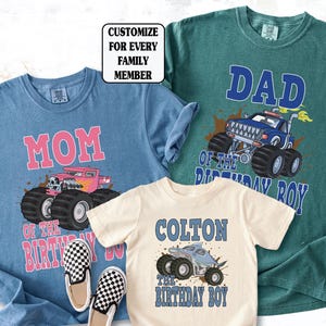 monster truck matching shirts, comfort colors blue jean mom pink truck shirt, blue spruce comfort color shirt for dad blue truck, natural toddler shirt for birthday boy shark truck
