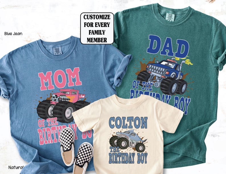 monster truck matching shirts, comfort colors blue jean mom pink truck shirt, blue spruce comfort color shirt for dad blue truck, natural toddler shirt for birthday boy shark truck