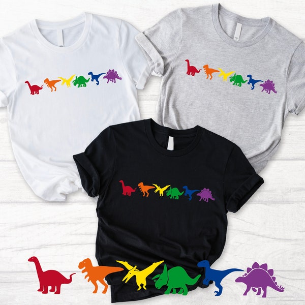 Rainbow Dinosaurs - Shirt Unisex Tee Dinosaur T-rex Velociraptor Three Horn Stegosaurus Long Neck Cute Lgbt Gay Lesbian Parade Dino