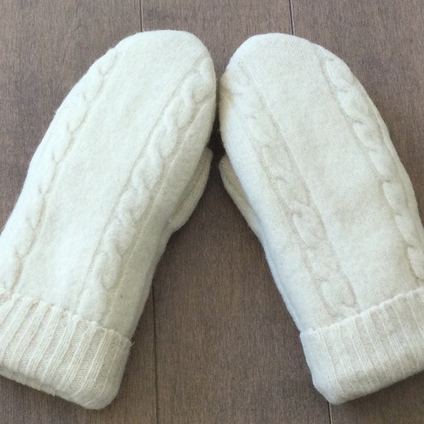 Handmade Sweater Mittens for Women - Elegant Ivory Cable Knit Wool - Cozy Fleece Lining