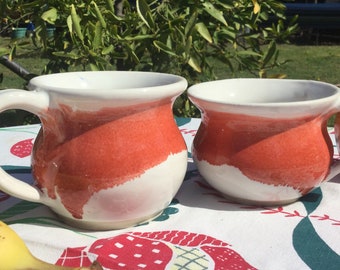 Pair of White and Salmon Pink Handmade Ceramic Mugs