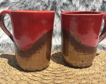Pair of Bright Red and Copper Tall Ceramic Mugs