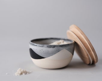 snow stoneware salt cellar with natural bamboo lid