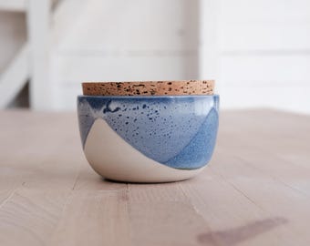 Modern Handmade Porcelain Salt Cellar | Wheel-Thrown Ceramic Salt Box with Cork Lid