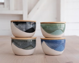 Modern Handmade Porcelain Salt Cellar | Wheel-Thrown Ceramic Salt Box with Bamboo Lid