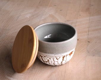 Modern Handmade Stoneware Salt Cellar | Wheel-Thrown Ceramic Salt Box with Bamboo Lid