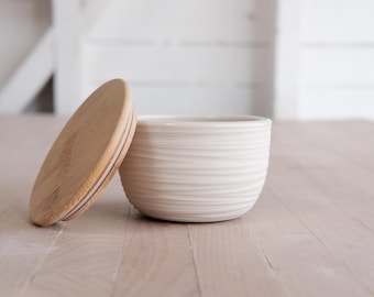 Modern Handmade Porcelain Salt Cellar | Wheel-Thrown Ceramic Salt Box with Bamboo Lid