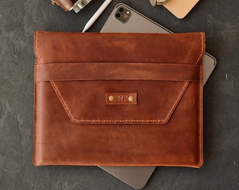 Personalized Leather iPad Pro Sleeve, Full Grain Leather Case