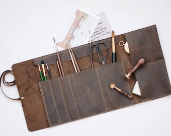 Rollo de cuero, rollo de artista, rollo de cuero para lápices, estuche de cuero para lápices, estuche de cuero para herramientas, soporte para pinceles, rollo de herramientas para manualidades, estuche para lápices