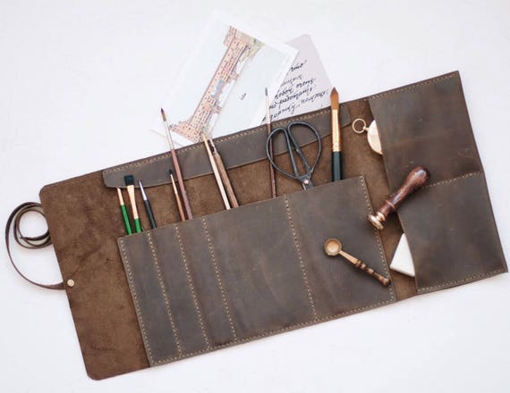Leather pencil roll, Leather roll up pencil case, Leather pencil