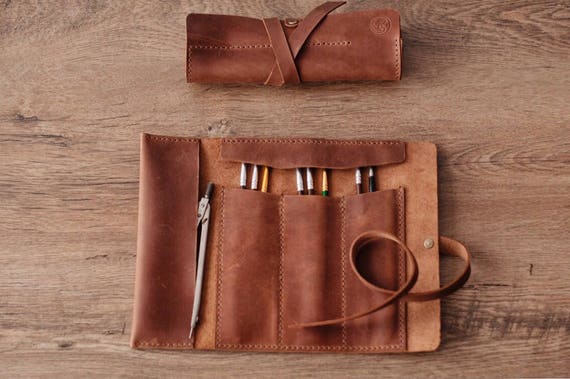 Genuine Leather Handmade Pencil Roll Artists Tool Bag Pen Case Dark Brown