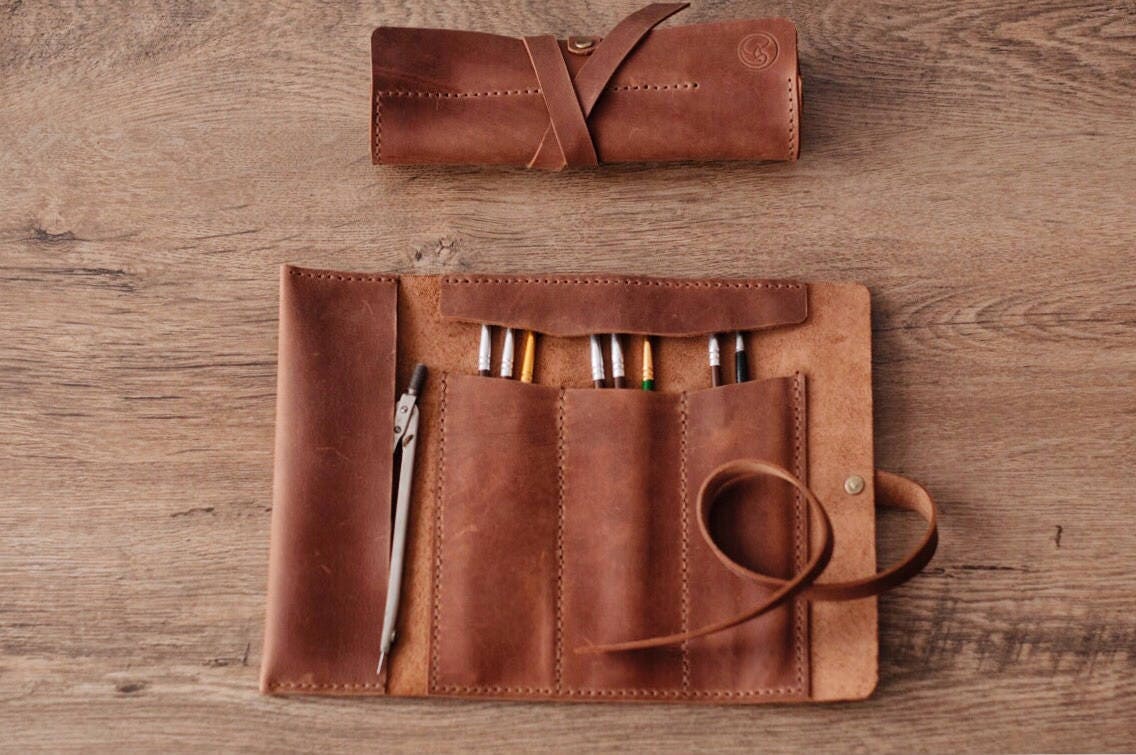 Personalised Brown Leather Artists Roll, Pencil Case, Brush Holder