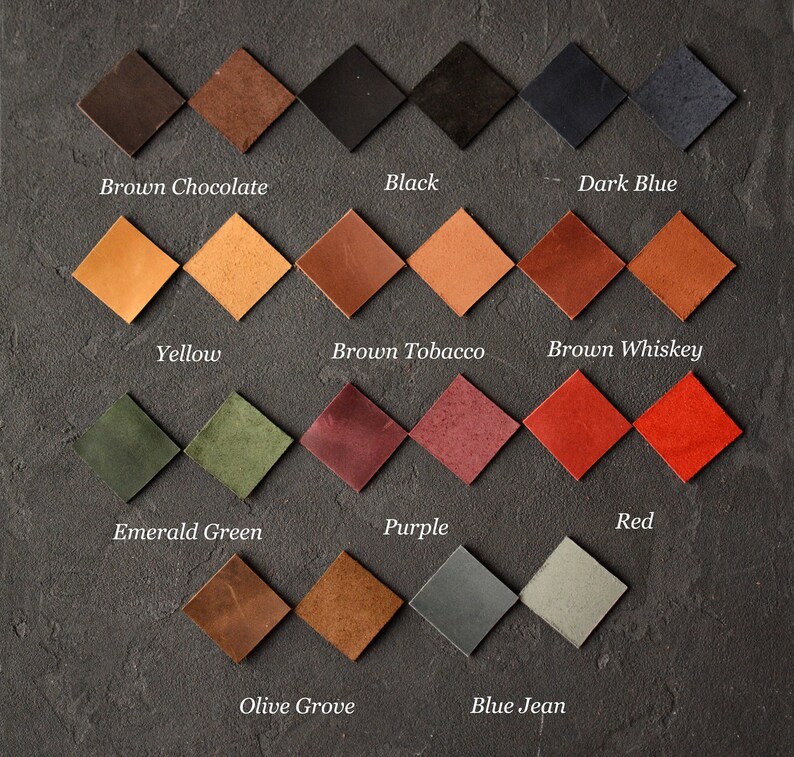 May include: A collection of twenty square leather swatches arranged in four rows. The colors include Brown Chocolate, Black, Dark Blue, Yellow, Brown Tobacco, Brown Whiskey, Emerald Green, Purple, Red, Olive Grove, and Blue Jean, with labels.